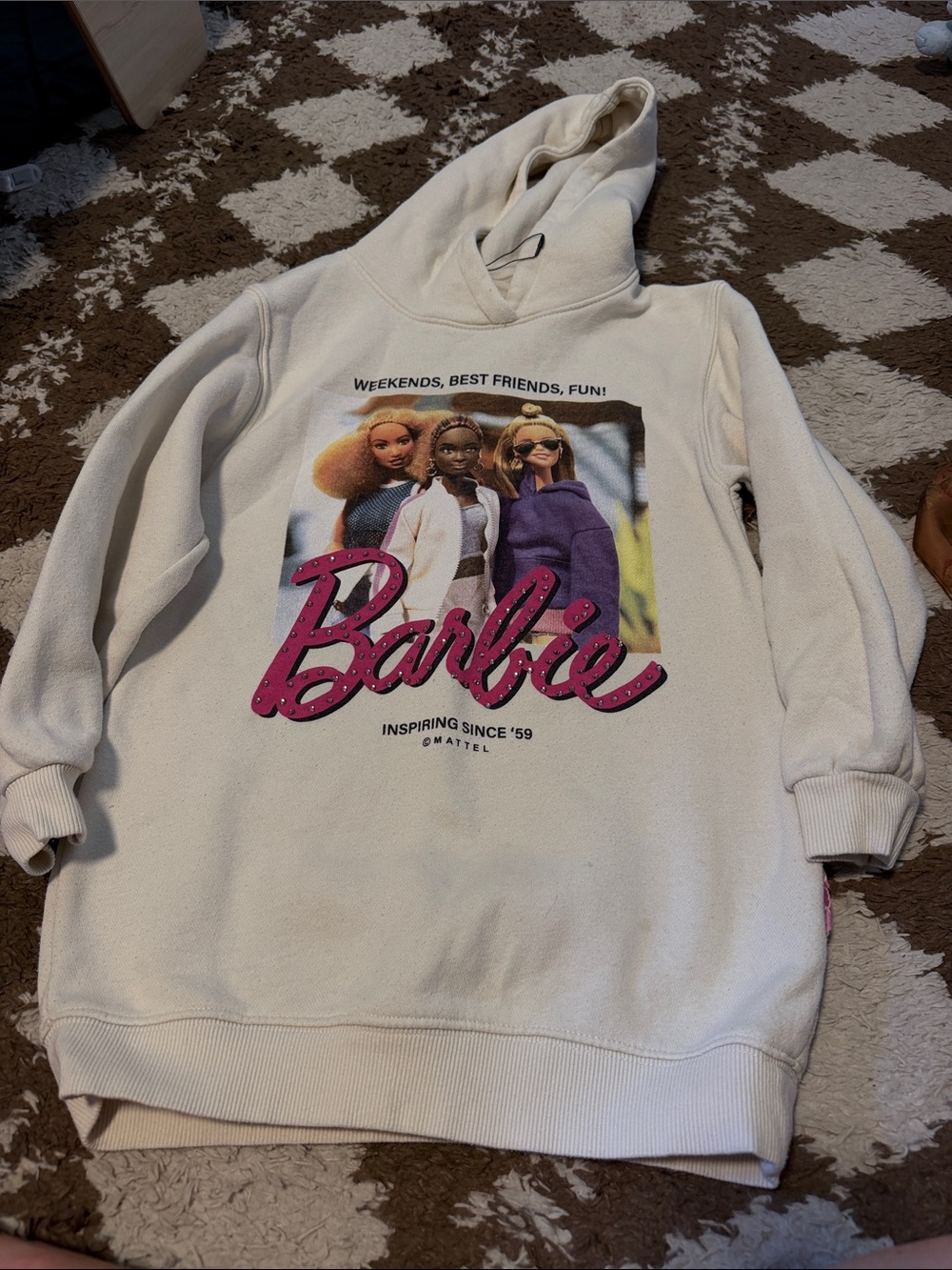 Barbie Cream Hoodie with Pink Script and Multicolor Doll Graphic